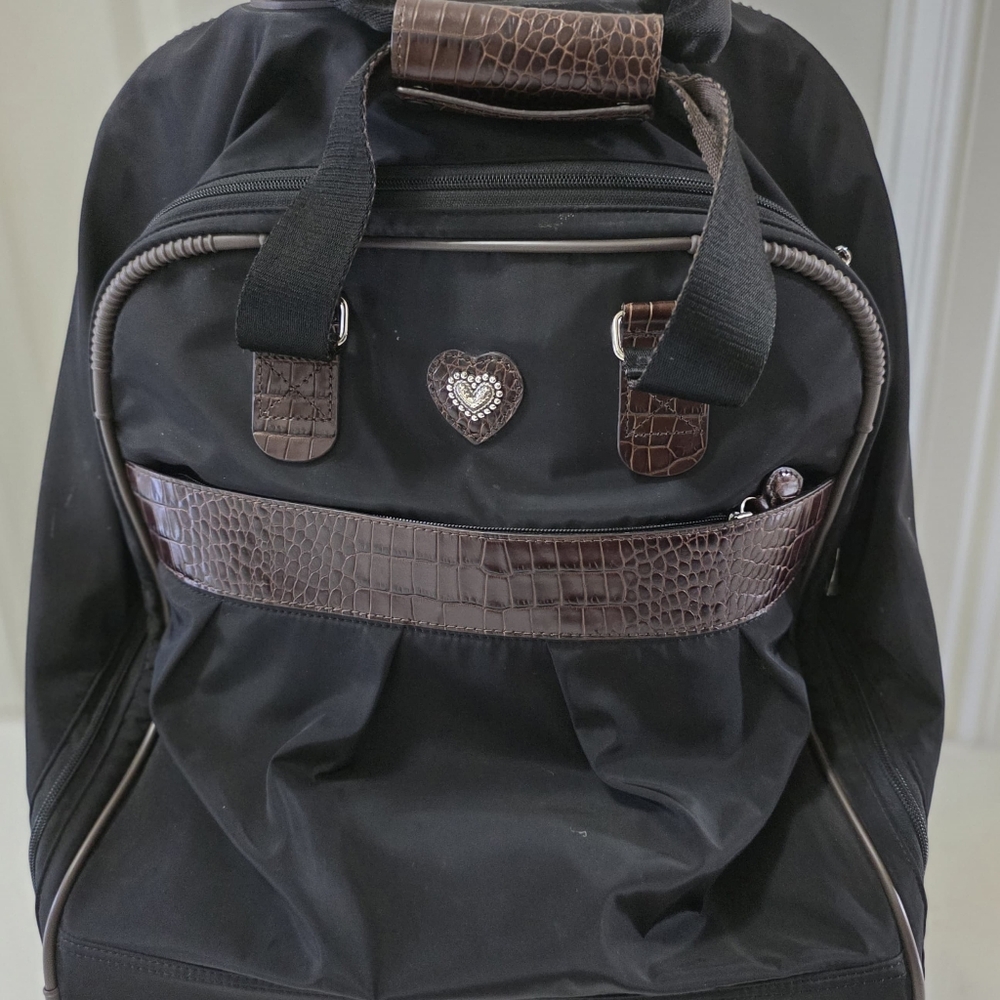 Brighton Black Cloth Brown Leather Wheeled Carry-On Travel Bag Luggage 22".